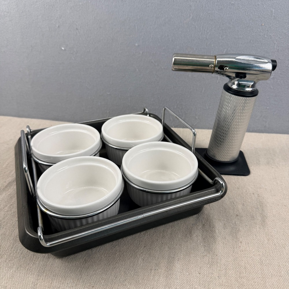 Chicago Metallic Creme Brulee Set 4 Ramekins 8x8 Pan Rack‎ Kitchen Torch